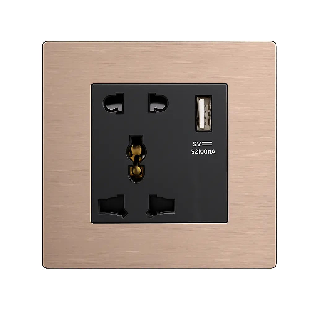 Rose gold metal universal wall socket with integrated USB-A charging port
