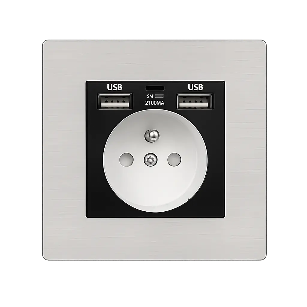 Silver metal French Type E wall socket with dual USB-A charging ports